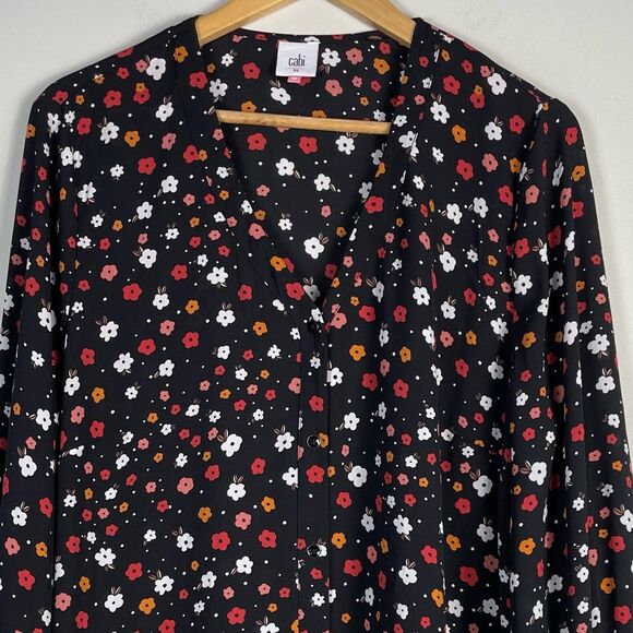 Cabi Floral Print Full Button Down Top Size XL Mixed Media Striped Jersey Cuff - Picture 2 of 9